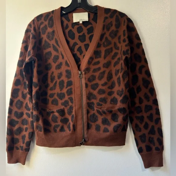 3.1 Phillip Lim Leopard Print Gray Merino Zip Cardigan Size S - Picture 4 of 12